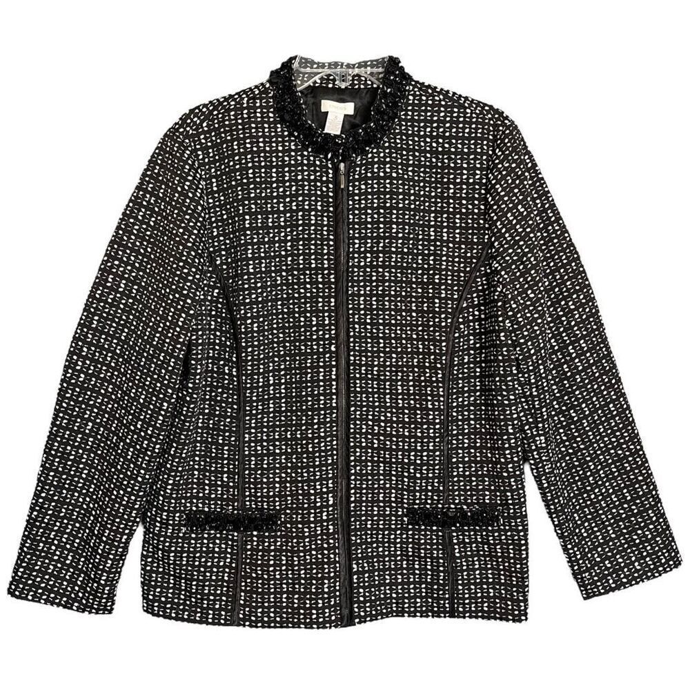 Chico's Beaded Full Zip Jacket Womens XL 3 Career Office Work Black White Blazer